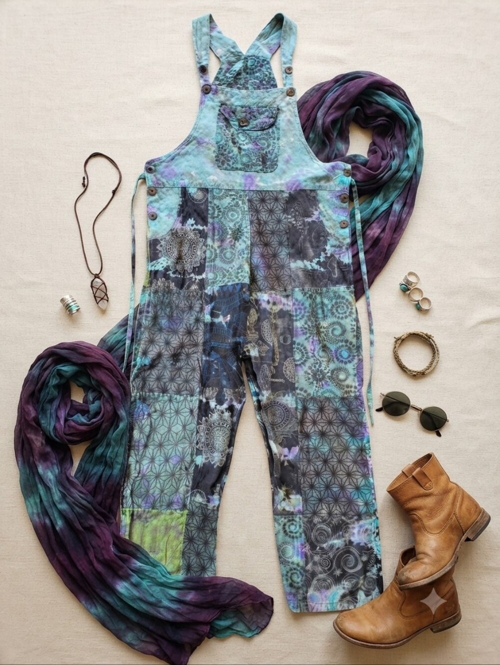 Boho Hippie Patchwork Tie-Dye Overalls Geo Sacred Geometry Festival
